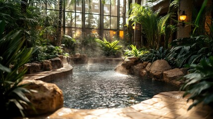 Indoor hot spring with lush greenery and steam