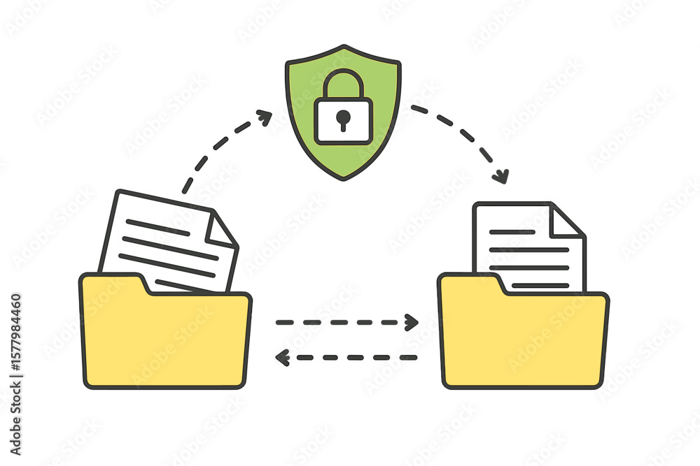 Poster secure file transfer and data exchange concept. encrypted document sharing, protected folders, remot