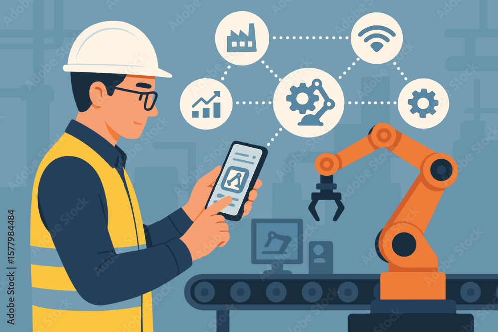 Aufkleber industrial automation engineer controlling robotic arm with smart device. factory worker using mobil