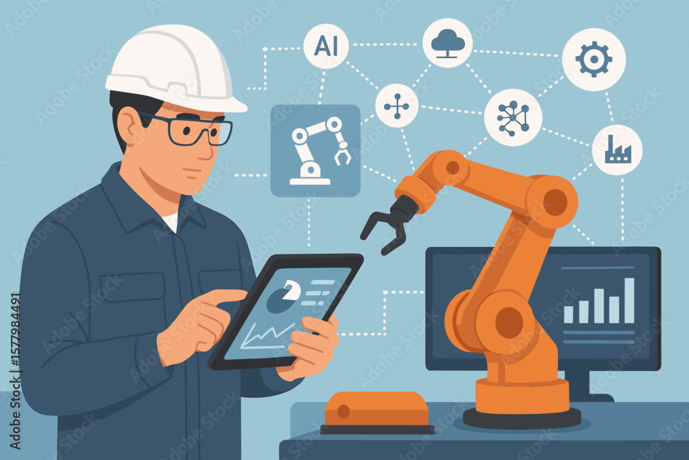 Poster industrial engineer controls automation robot arm with ai monitoring system on tablet. smart factory