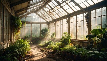 Sun-drenched, overgrown, abandoned greenhouse