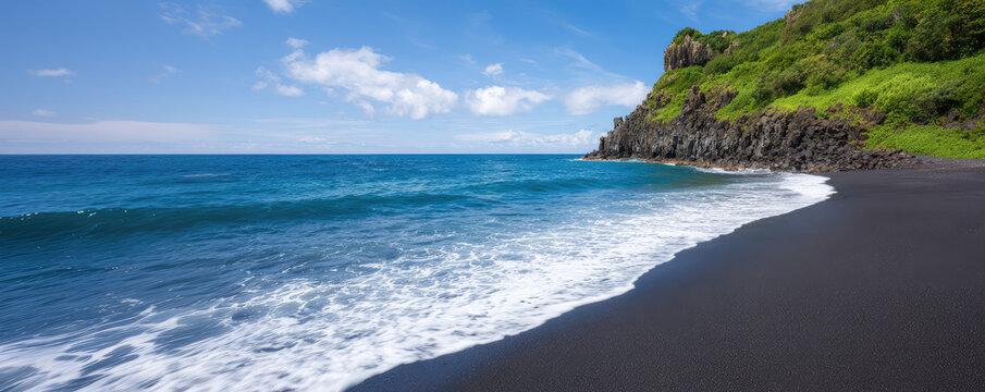 Black sand beach meets blue ocean with rocky cliffs and greenery in the distance. Coastal beauty and tranquility - Powered by Adobe