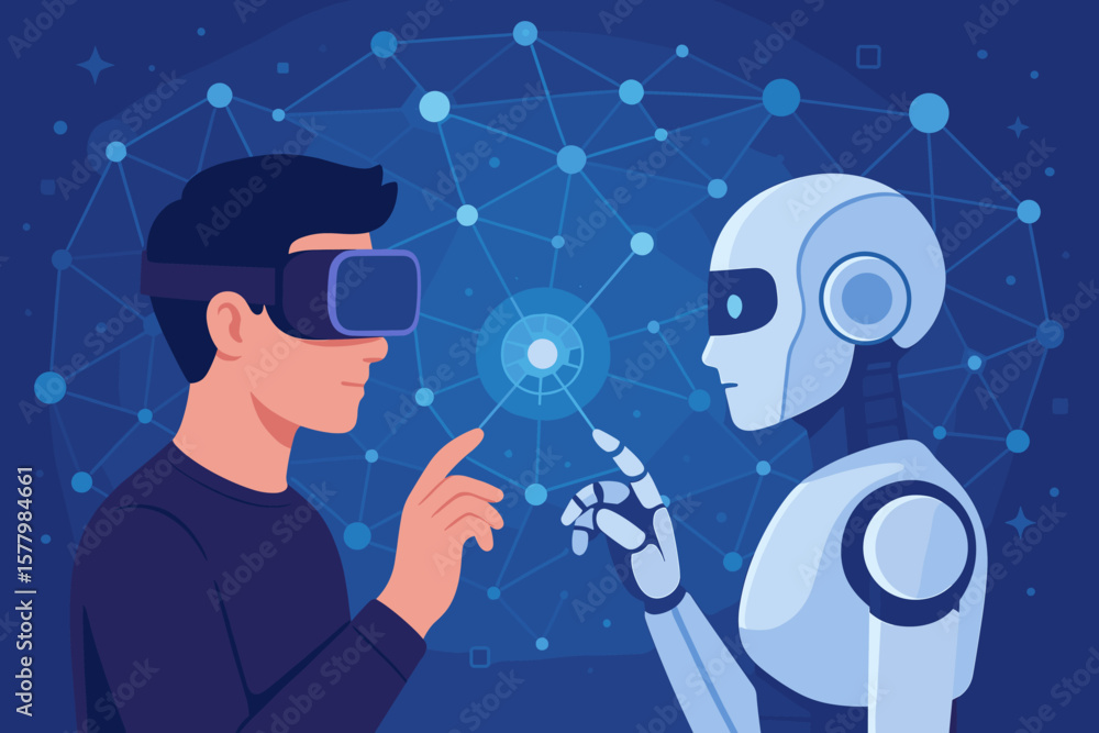 Poster futuristic metaverse technology connection, human and robot interaction, virtual reality simulation,