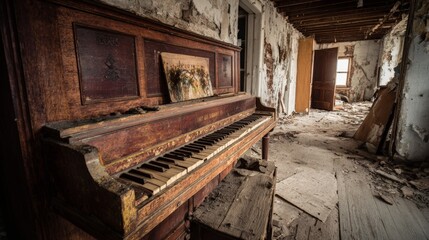 Abandoned rustic piano in dilapidated room with peeling walls and wooden floor