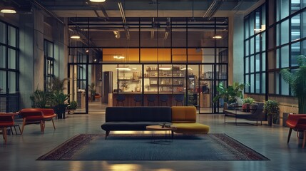 Industrial loft lounge area with modern furniture and a kitchen