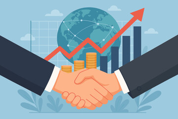 Business handshake for successful investment deal. Concept of economic growth with graph chart and global network background. Teamwork, partnership, and financial success.