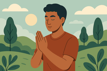 Man Practicing Respectful Prayer Outdoors, Peaceful Nature Landscape, Hands in Namaste Gesture, Mindfulness, Meditation, Spiritual Connection, Calm Morning, Modern Flat Vector Illustration