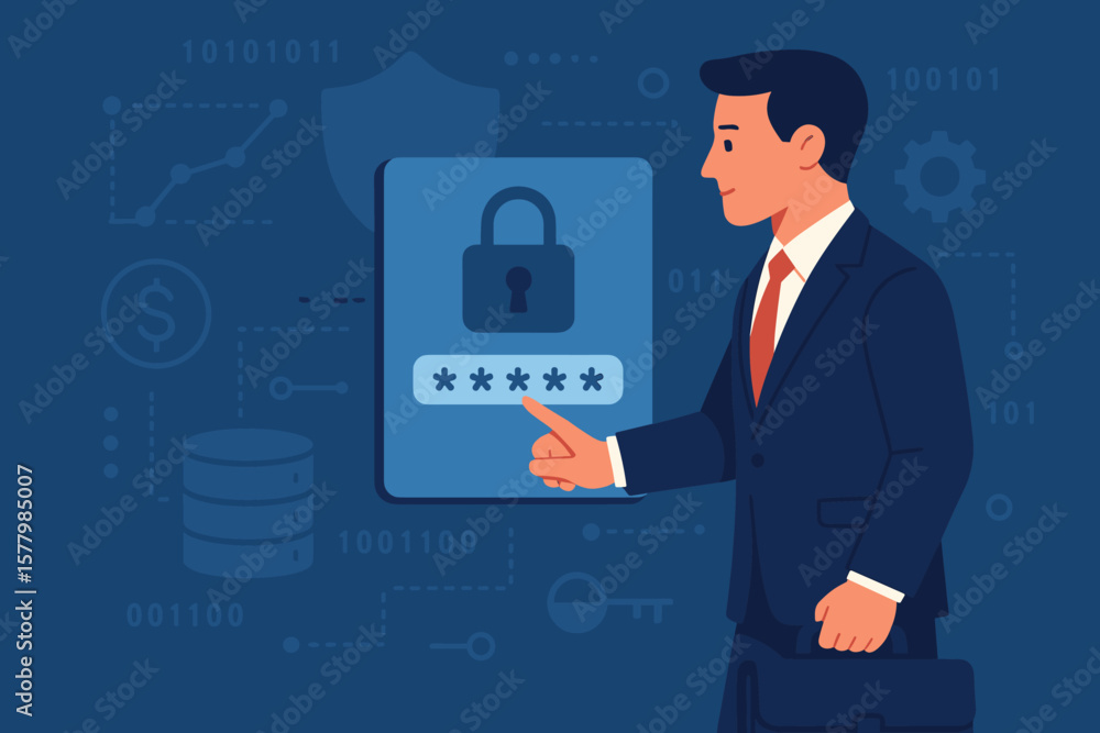 Poster cyber security concept. businessman login to digital padlock for access to business privacy network.