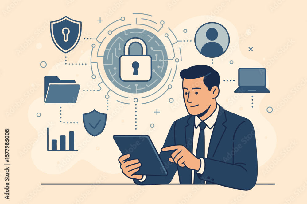 Poster cyber security and data protection concept. businessman using a tablet to protect business data on a