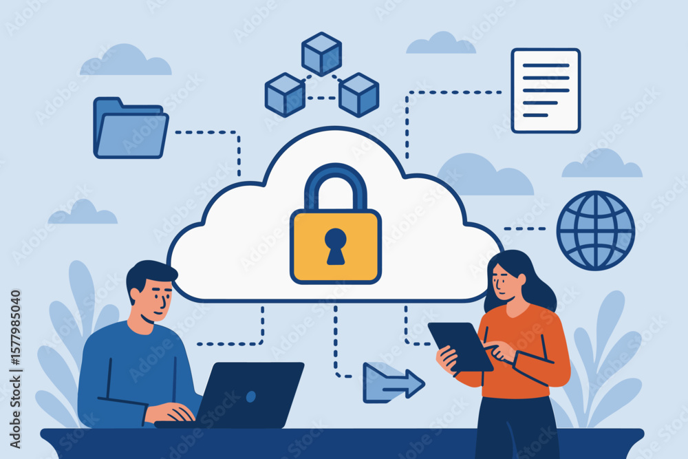Poster cybersecurity in cloud technology for data storage and business information exchange. concept of blo