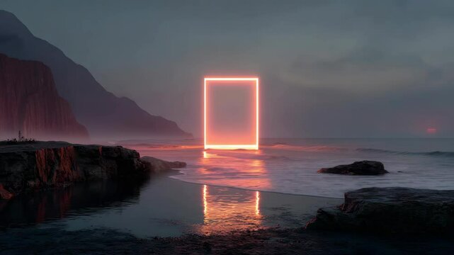 A glowing neon rectangle stands over gentle ocean waves, reflecting on wet rocks, against a misty mountain coast during twilight