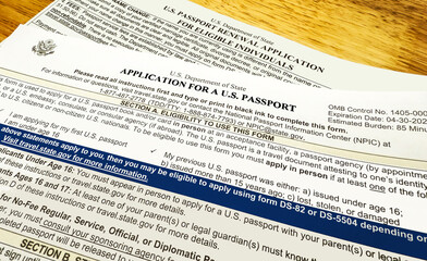 Passport application form, United States. Government form.