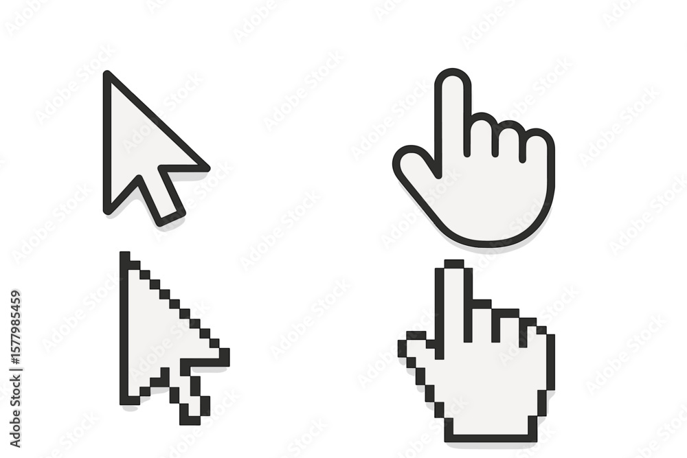 Poster computer mouse cursor set. hand pointer with shadow. arrow and hand cursor icons. pixel art style. v