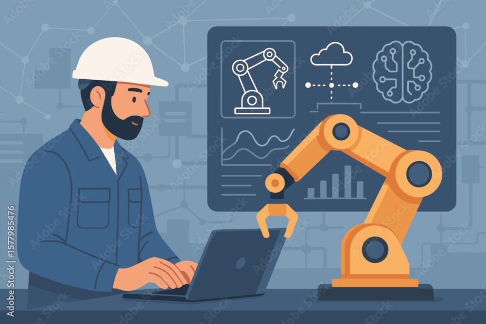 Aufkleber industrial engineer operating robotics with advanced monitoring software, ai automation, smart facto