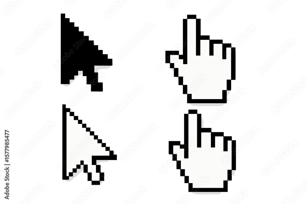 Poster pixel arrow and hand mouse cursor icon set. 3d shadow effect. computer pointer collection. click, se