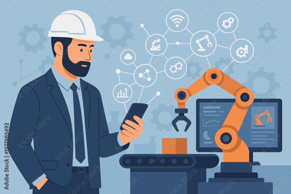 Poster industrial engineer manager controls automation robot arm with smartphone, monitoring system softwar