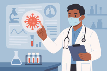 Medical Doctor Analyzing Coronavirus COVID-19 Test Results in Laboratory, Virus Research, Diagnosis, Virtual Data Screen, Innovative Healthcare, Disease Prevention, Science Concept
