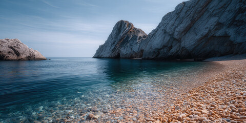 Fototapeta premium Rocky cliffs rise above calm, clear water, with a pebble-covered shoreline stretching into the distance. Serene coastal landscape