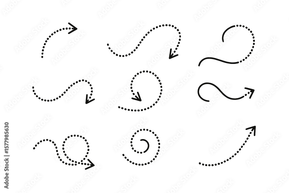 Poster dotted arrow vector icon set. dashed line path collection. curved, twisted and spiral arrows. direct