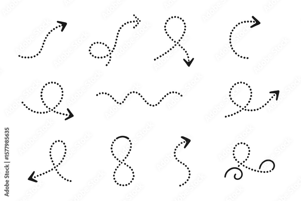 Poster dotted arrow hand drawn line set. dashed line arrow collection. curved, twisted, and wavy arrow path