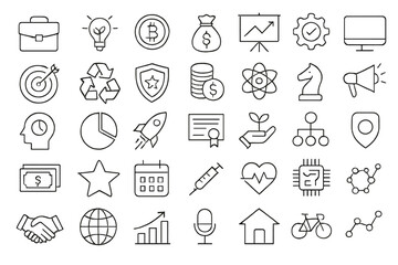Business ecology crypto finance science management e-commerce technology medical artificial intelligence and more set linear icons collection big vector pack for modern design