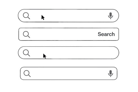 Modern search bar UI elements set. Web page search box templates collection. Internet browser interface. Magnifying glass, microphone, cursor icons. Isolated vector illustration