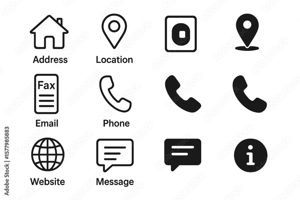 Poster contact us icons collection. line and solid glyph style. web and mobile ui ux pictogram set. address
