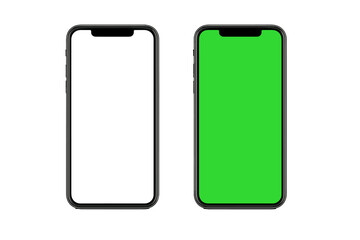 Realistic Smartphone Mockup Set with Blank White and Green Screen, Isolated 3D Mobile Phone Model, Transparent Background, Vector Illustration, Device Shadow, Editable Template