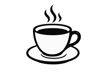 Obraz premium Coffee cup icon vector illustration. Hot drink, espresso or tea in a mug on a saucer. Black and white simple silhouette logo for a cafe menu, coffeehouse, or coffee shop.