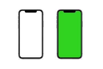 Realistic Smartphone Mockup Set with Blank White and Green Screen, Modern 3D Mobile Phone Template, Isolated Device with Shadow, Transparent Background, Vector and PNG Illustration