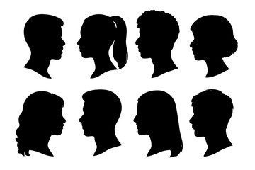 Diverse Group of Young People Profile Silhouettes Set. Boys, Girls, Men, Women. Side View Head Silhouette Collection. Vector Illustration for Social, Education, Community, Diversity Concepts.