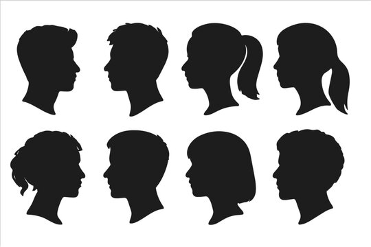 Group of Young People Profile Silhouettes. Boys and Girls, Men and Women. Diverse Head Silhouette Set. Teenagers, Adults. Vector Illustration. Black Silhouette Collection. Isolated on White