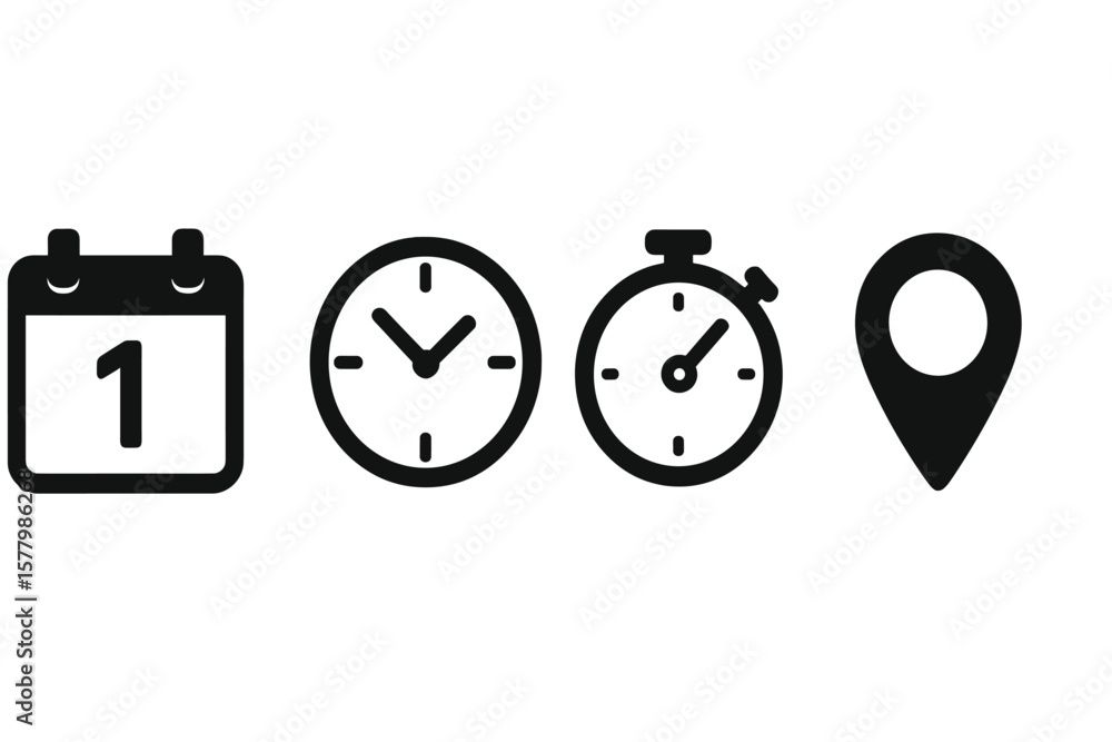 Poster date time icon set. calendar schedule appointment. clock timer stopwatch deadline. location place pi
