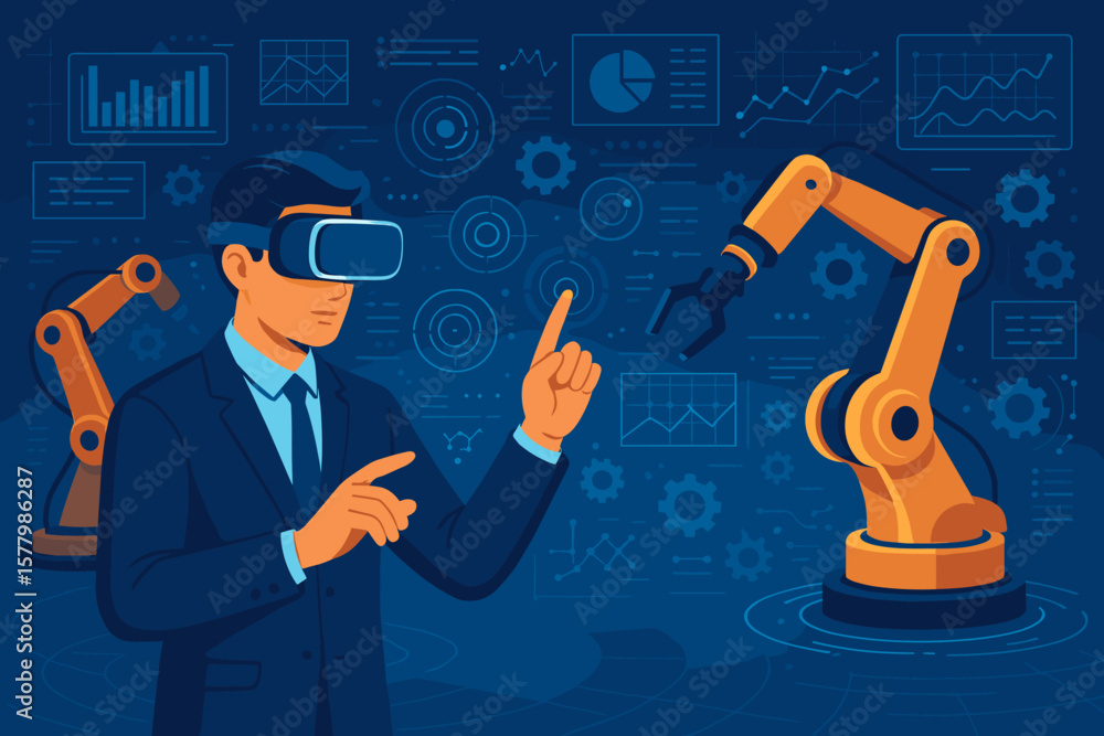 Poster man in vr glasses controls robot arm in metaverse. concept of industrial automation, future factory,
