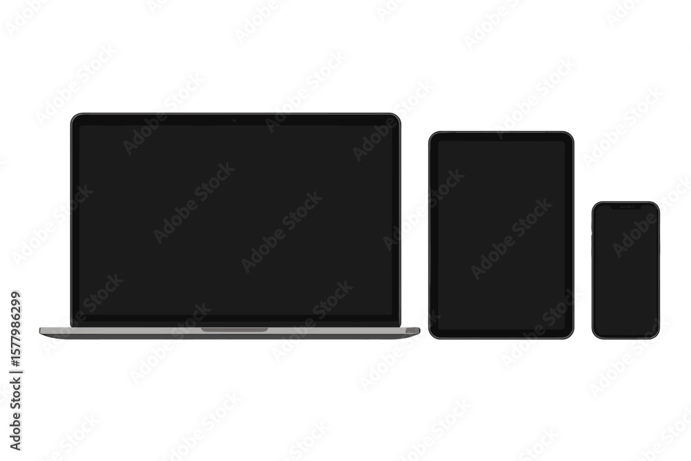 Poster modern laptop, tablet, and smartphone mockup front view – black digital device screens, isolated tra