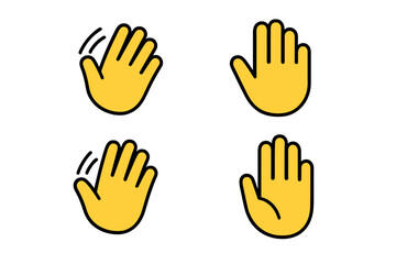 Waving Hand Gesture Icon Set. Flat Vector Illustration of Greeting, Attention, Hello, Goodbye, Stop Hand Signs. Yellow Cartoon Palm, Animated and Static, Transparent Background, Communication Symbols