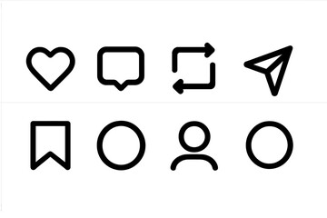 Black Instagram Interface Notification Icons Set. Social Media Like, Love, Heart, Repost, Comment, Share, Save, Stories, User Profile Button Vector Isolated Transparent