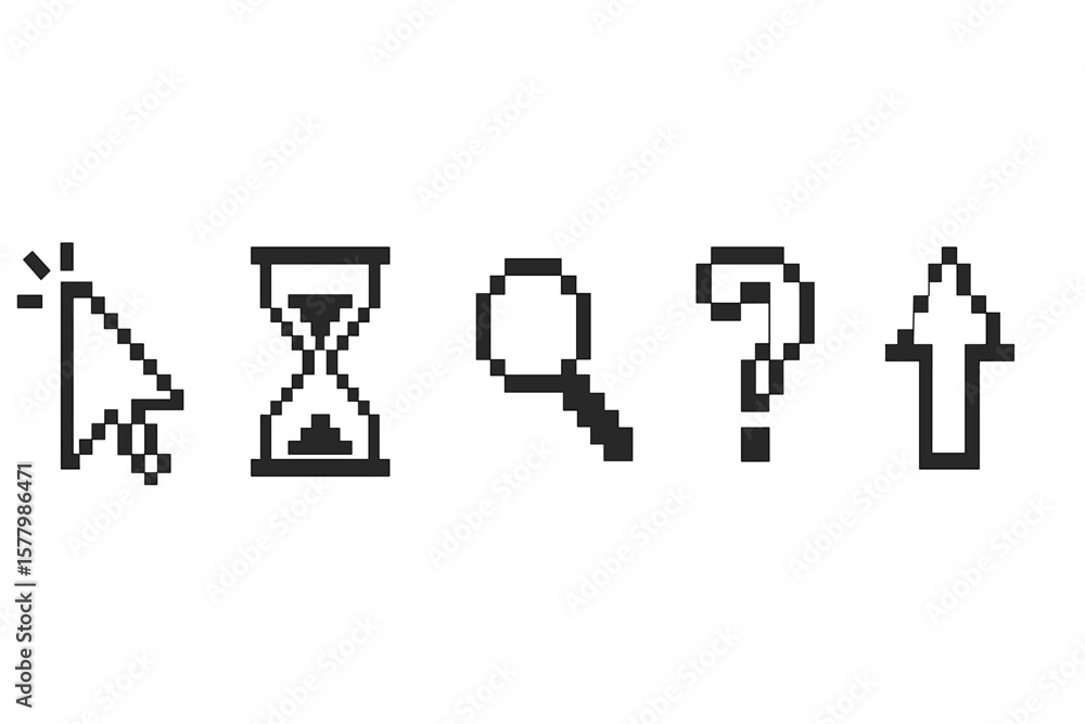 Fototapete Pixel cursor icon set with mouse click, hourglass, magnifier, question mark, and increase arrow icons. Transparent PNG and vector for UI, digital graphics, web design, technology.