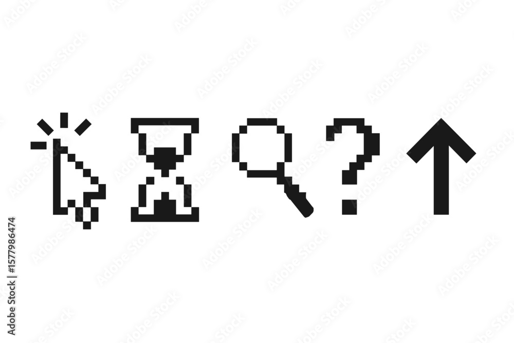 Poster pixel cursor icon set with mouse click, hourglass, magnifier, question mark, and upward arrow icons,
