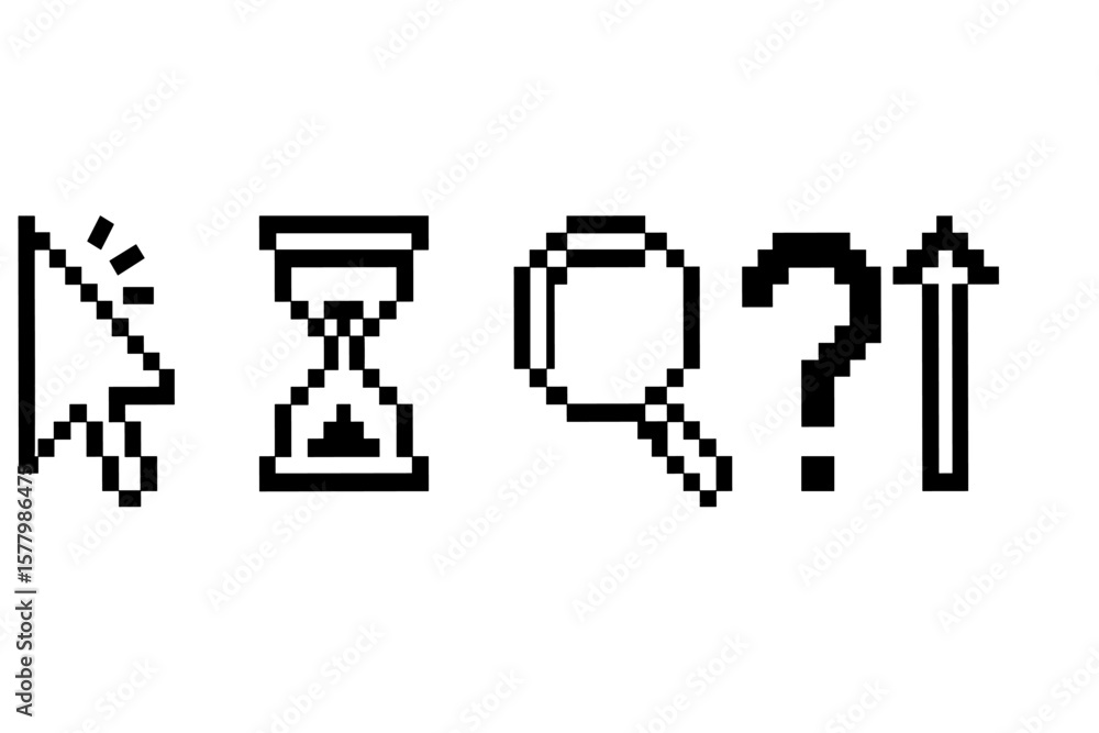 Poster pixel cursor icon set. mouse click pointer, hourglass loading, magnifying glass search, question mar