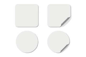 Paper stickers square with rounded edges adhesive, white tags and labels, round paper stickers with peeling corner and shadow, isolated realistic plastic mockup set for branding