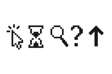 Pixel cursor icon set with mouse click, hourglass, magnifier, question mark, and upward arrow icons, transparent PNG and vector illustration for UI and digital navigation