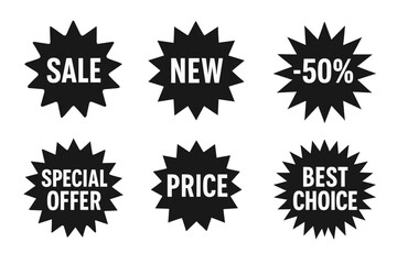 Black Starburst Sale Price Stickers Set, Discount Sunburst Badges, Special Offer, Best Choice, New Product, Percentage Off, Promotional Price Tags, Retail Marketing Labels