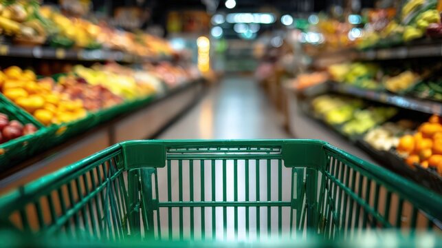 A green shopping cart rests in an empty supermarket aisle, surrounded by shelves of fresh fruits and vegetables, creating a luxury grocery store ambiance. Space above for text or a logo.