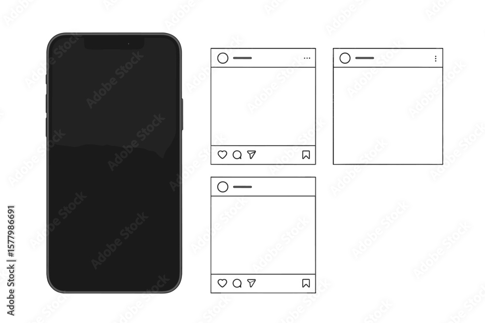 Poster smartphone mockup with blank social media post templates, empty square feed ui, minimalist front vie