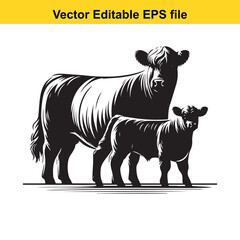 A Dairy Cow and Calf – Standing Black and White Illustration in Minimalist Style