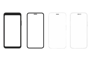 Smartphone Mockup Set with Blank White Screen in Flat, Line, and Realistic Styles, Detailed Mobile Phone Front View, Black and White 3D Models, Isolated Template