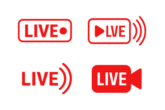 Set of live streaming icons, video broadcasting symbols, red buttons for TV, news, movies, shows, media player, digital streaming, online video, transparent vector PNG