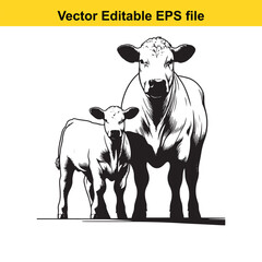 Bold Line Art of a Dairy Cow and Calf – Standing Black and White Illustration in Minimalist Style