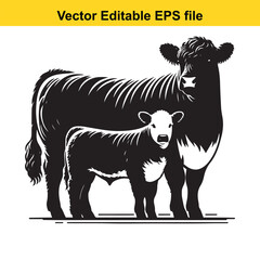 Bold Line Art of a Dairy Cow and Calf – Standing Black and White Illustration in Minimalist Style